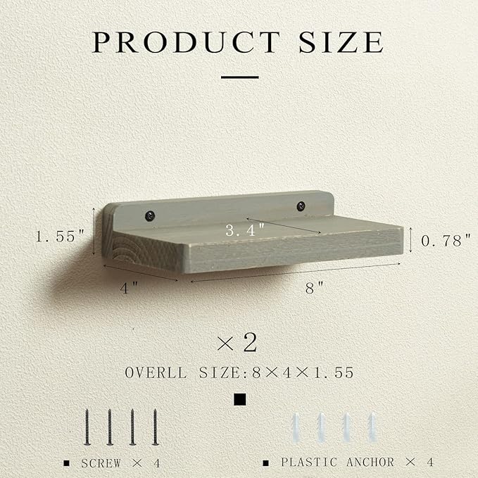 Freezing point Small Floating Shelf for Wall Set of 2 Natural Wood 8Inch Mini Wall Shelves Decor Plant Display Collectibles Mounted Kitchen Bathroom Bedroom Corner Decorative Storage Tiny Stand Grey-NeatNest