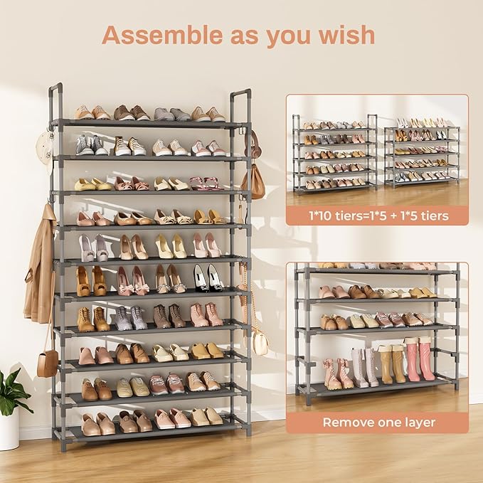 Tall Shoe Rack 10 Tier Shoe Organizer Large Shoe Shelf with 18 Hooks Storage for 50 Pair Sneaker and Boot, Stackable Vertical Shoe Rack Organizer for Closet, Entryway, Bedroom, Grey-NeatNest