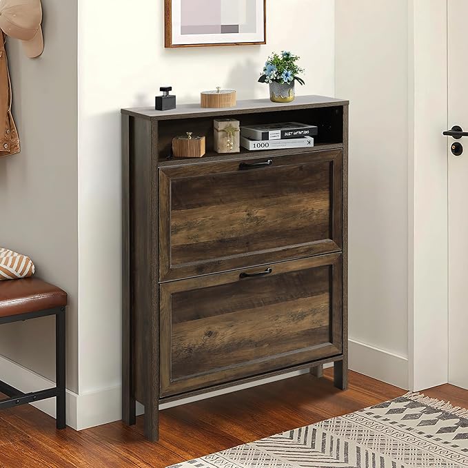 Shoe Cabinet with 2 Flip Drawers, Narrow Shoe Storage Cabinet, Freestanding Shoe Cabinet Organizer, Hidden Shoe Rack Cabinet for Entryway, Hallway (2-Drawers, Brown/2-drawers)-NeatNest