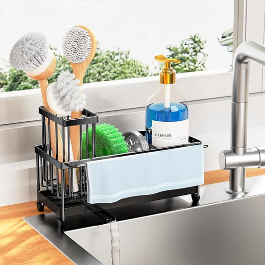 Cisily Sponge Holder for Kitchen Sink with Towel Rack, Sink Caddy with Kitchen High Brush Holder, Organzier Rustproof 304 Stainless Steel Dish Organizer Divider, Soap Dispenser Storage-NeatNest