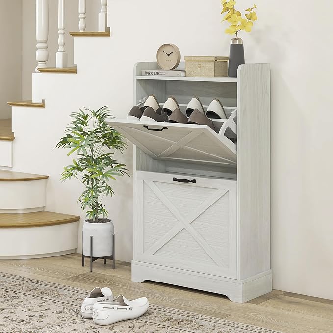 HOMCOM Slim Shoe Cabinet for Entryway, Farmhouse Hidden Shoe Storage Cabinet with 2 Flip Drawers and Adjustable Shelves for 8 Pairs of Shoes, Distressed White
