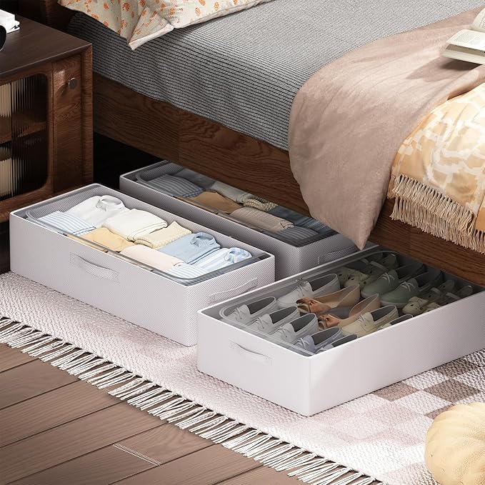 3Pcs Under Bed Storage Bins with Metal Frame - Shoe Organizer for Closet with Clear Cover Oxford Fabric Sturdy Underbed Container Foldable Stackable Clothes Organizer (Grey, 23.5x15.7x6.3)-NeatNest