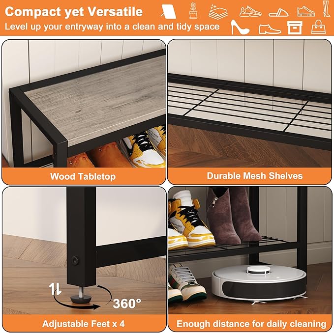 HOMEFORT 2 Tiers Shoe Bench, Retro Industrial Shoe Storage Bench with Mesh Shelf and Sturdy Metal Frame, Metal Shoe Rack Bench for Hallway, Mudroom, Living Room, Washed Gray
