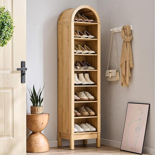 71" Tall Arched Shoe Storage Cabinet, 8 Tiers 16 Pairs Wooden Shoe Rack with 3 Adjustable Shelves, Freestanding Shoe Closet Shelf Organizer for Entryway, Hallway, Living Room (Natural)-NeatNest
