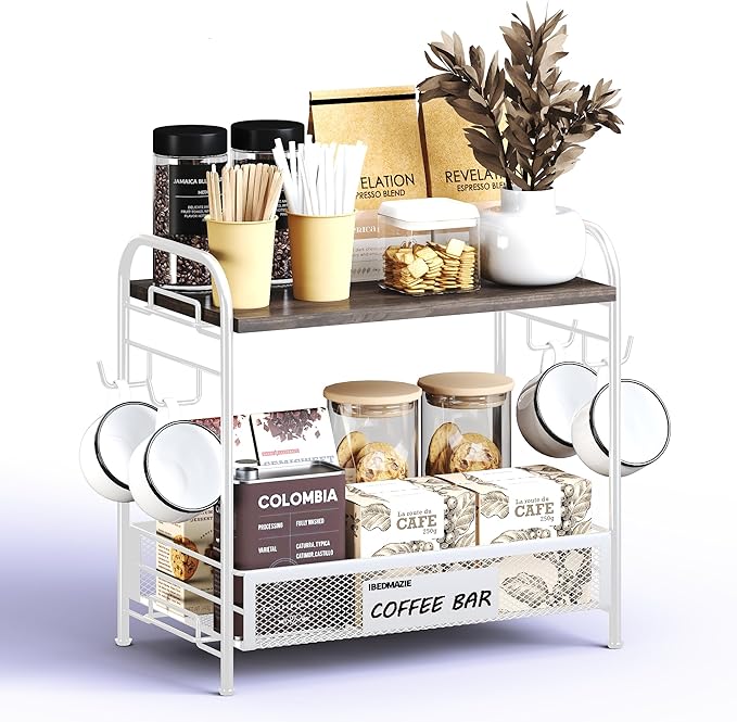 Coffee Bar Organizer for Countertop Station, Simple Assembly 2 Tier Shelf for Home,Office, Coffee Cup Holder Storage Organization for Counter Accessory Storage Rack with 4 Hooks Space-Saving-NeatNest