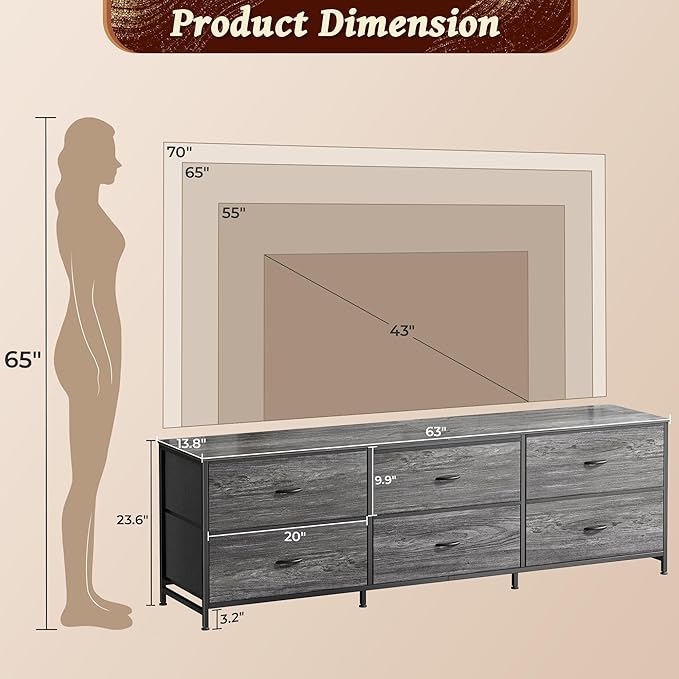 Huuger 63 Inch Long Dresser for Bedroom, Wide TV Stand for 55, 65, 70 Inch TV, 6 Drawer Dresser for Closet with Fabric Drawers, Storage Organizer for Bedroom, Entryway, Grey-NeatNest
