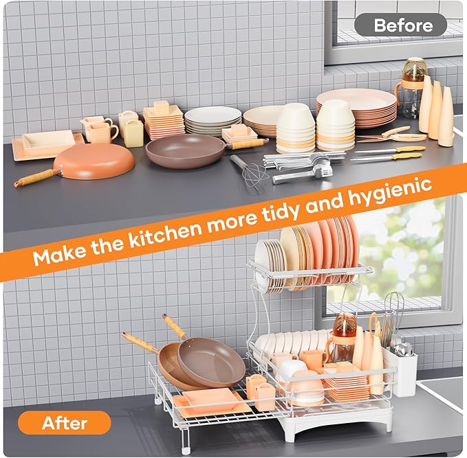 Dish Drying Rack for Kitchen Counter, Extendable Dish Rack with Drainboard, Kitchen Countertop 2 Tier Dish Drying Rack, Expandable Dish Strainer with Cutlery Holder, Removable Cutlery Holder（White）