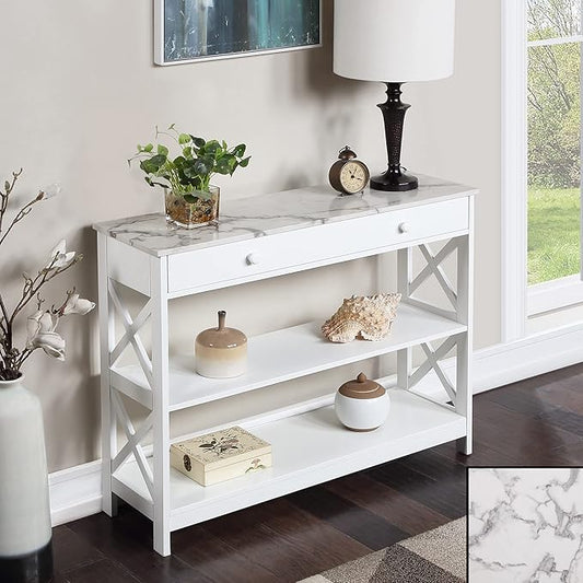 Convenience Concepts Oxford 1 Drawer Console Table with Shelves, White Faux Marble/White-NeatNest