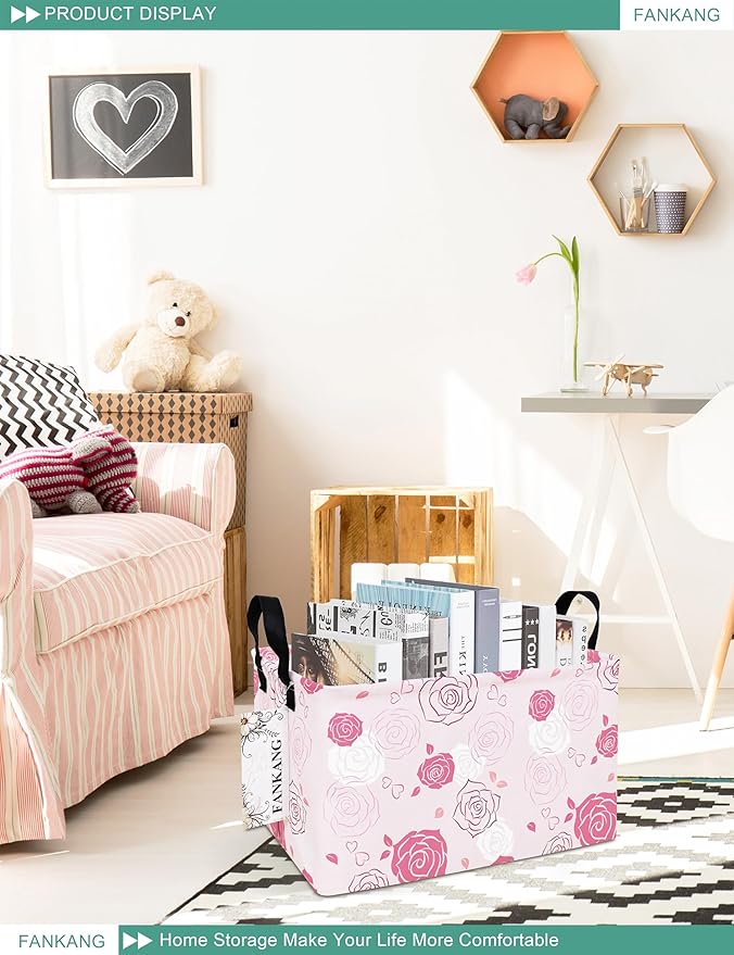 FANKANG Storage Bins, Nursery Hamper Canvas Laundry Basket Foldable with Waterproof PE Coating Large Storage Baskets for Kids Boys and Girls, Office, Bedroom, Clothes,Toys(Rec-Pink roses ）
