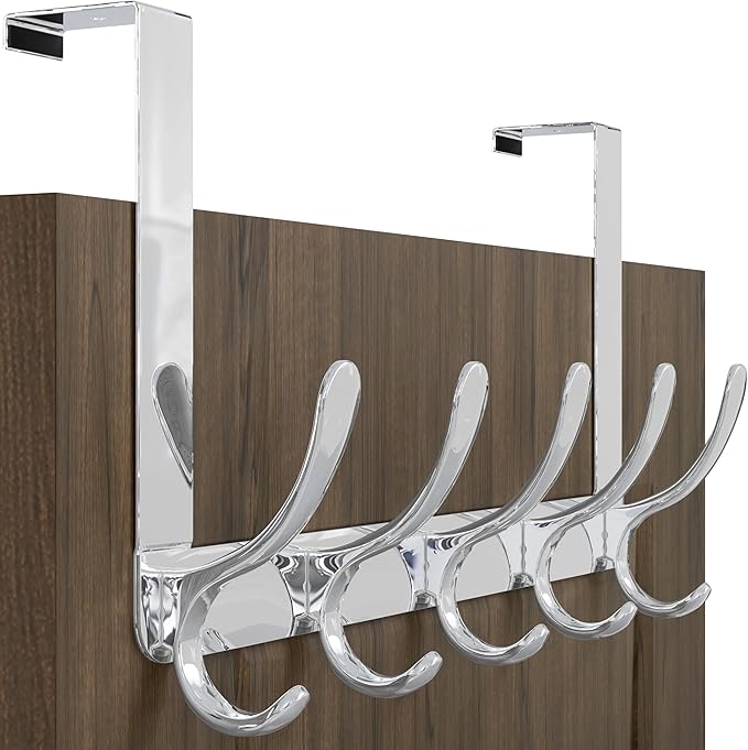 WEBI Over The Door Hook 5 Coat Hooks,Over The Door Towel Rack,Door Hanger Over Door Coat Rack for Hanging Towels,Clothes,Bathroom,Chrome