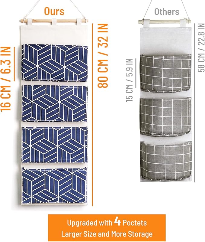 CROWNED 2Pcs Over Door Hanging Storage Bags Wall Mount Closet Organizer, 4 Big Pockets Linen Cotton Fabric Multi Functional Living Room Bedroom Bathroom File Magazine Waterproof Free Hooks Navy-NeatNest