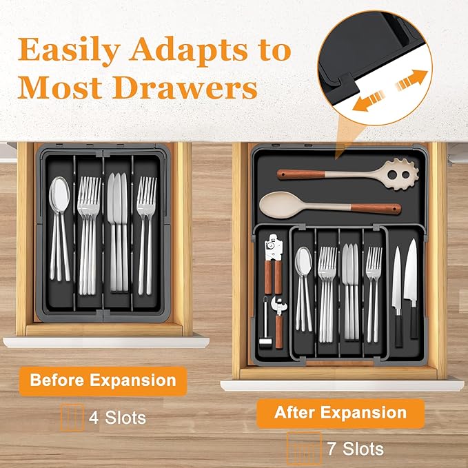 Homecor Silverware Organizer Expandable Kitchen Drawer Organizer with 7 Slots, BPA Free Cutlery Utensil Drawer Organizer, Kitchen Utensil Storage Tray for Forks Knives Spoons, Anti-Slip, Black-NeatNest