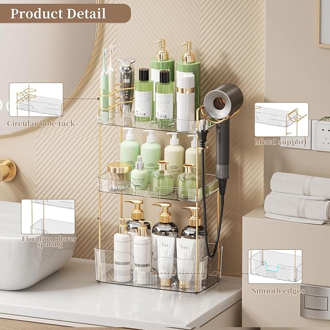 YCIA&DONE Luxury Bathroom Counter Organizer, Large Makeup Organizer Countertop, Shelf Organizer, Vanity Tray, Easily Assemble for Bathroom Organizers and Storage, Undersink, Cabinet, 3 Tiers Clear-NeatNest