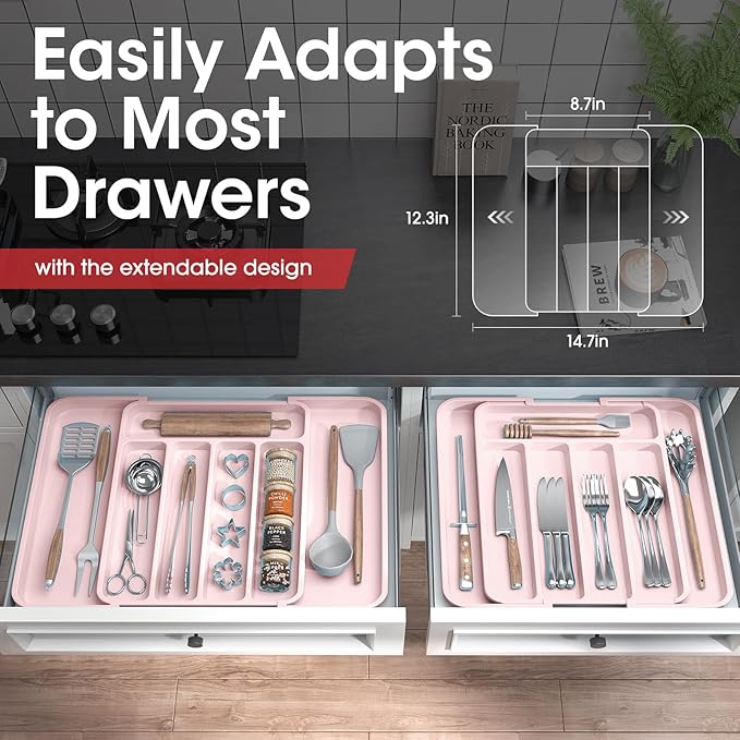 Aujen Silverware Organizer - Expandable Kitchen Drawer Organizer, Adjustable Utensil Organizer, Cutlery Tray for Forks, Knives, Multipurpose Kitchen Organizers and Storage Solution, Pink, Medium-NeatNest