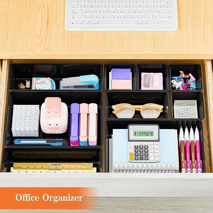 25 PCS Plastic Drawer Organizer Set, 4-Size Versatile Organizer Trays & storage Bins for Makeup, Jewelry, and Gadgets in Bathroom, Bedroom and Office, Black-NeatNest