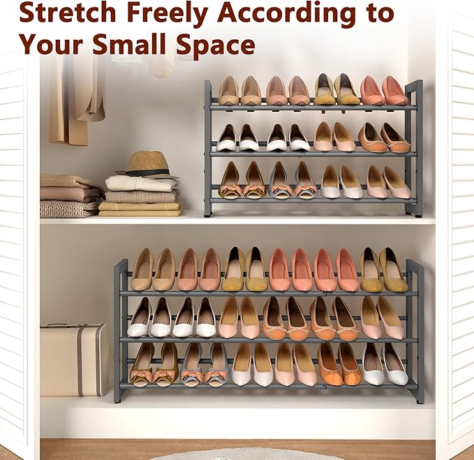FAVOOSTY 3-Tier Expandable Shoe Rack, Adjustable Shoe Shelf Storage Organizer Space Saving Metal Free Standing Shoe Rack for Entryway Closet Doorway, Silver Grey-NeatNest