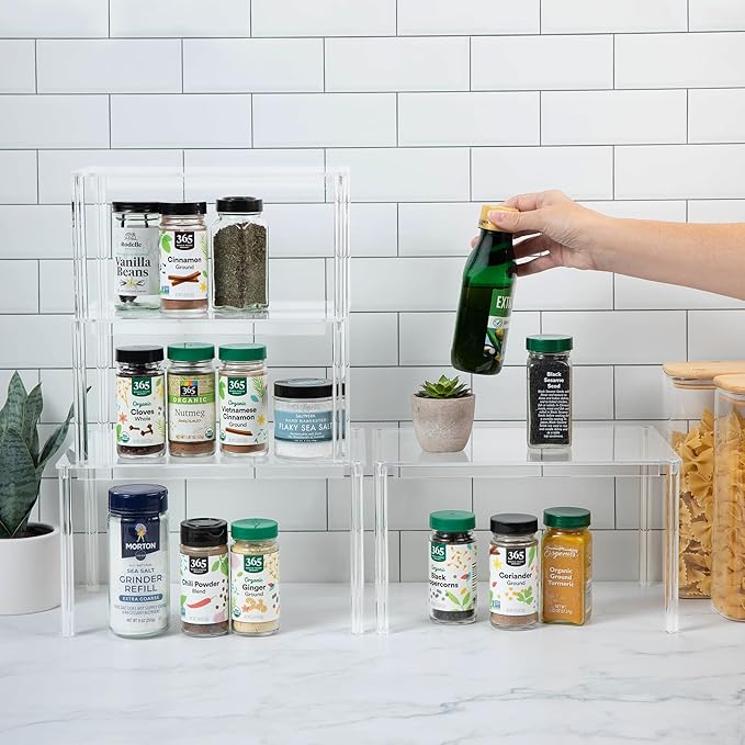 Acrylic Cabinet Organizer Set of 4 Spice Rack Desk Countertop Shelf Pantry Kitchen Storage and Organization Stackable Shelves
