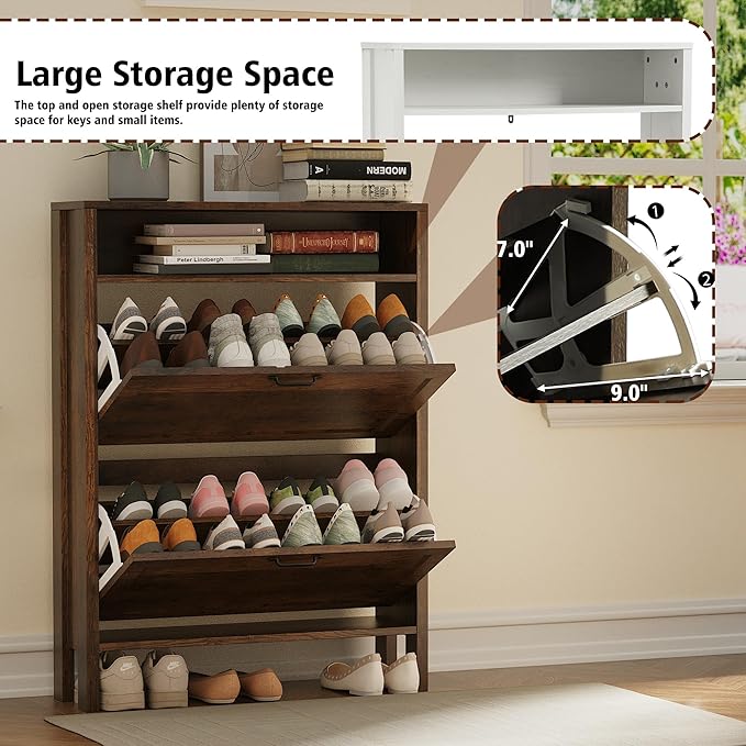 Shoe Storage Cabinet with 2 Flip Drawers, Wooden Shoe Rack with Metal Handle, Freestanding Hidden Shoe Storage Organizer with Open Shelf, Narrow Shoe Rack for Entryway, Hallway (Brown)