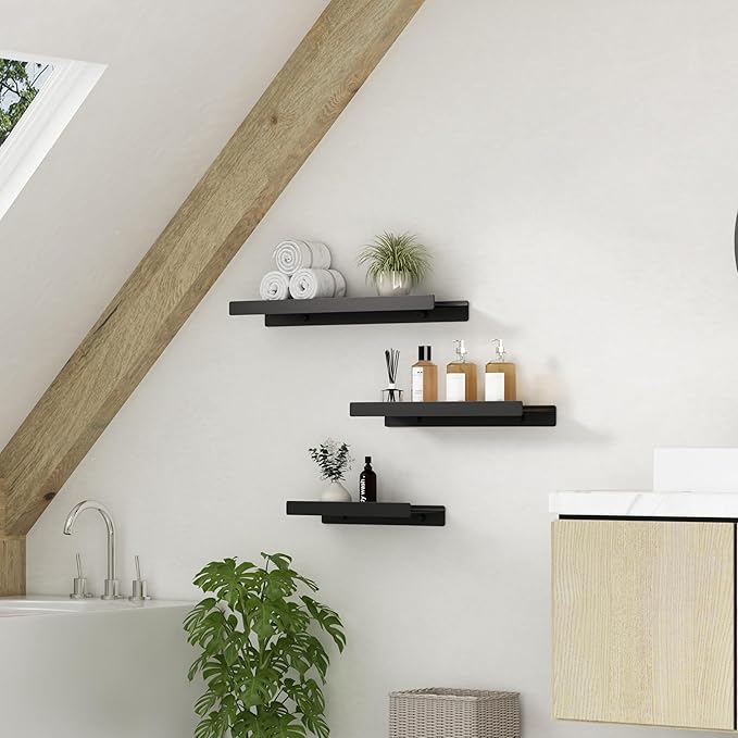 Floating Shelves for Wall, Wall Mounted Shelves with Lip for Storage, Metal Display Shelves for Home Decor, Kitchen/Living Room/Bedroom/Bathroom Shelf, Black 12 inch 2 Pack-NeatNest