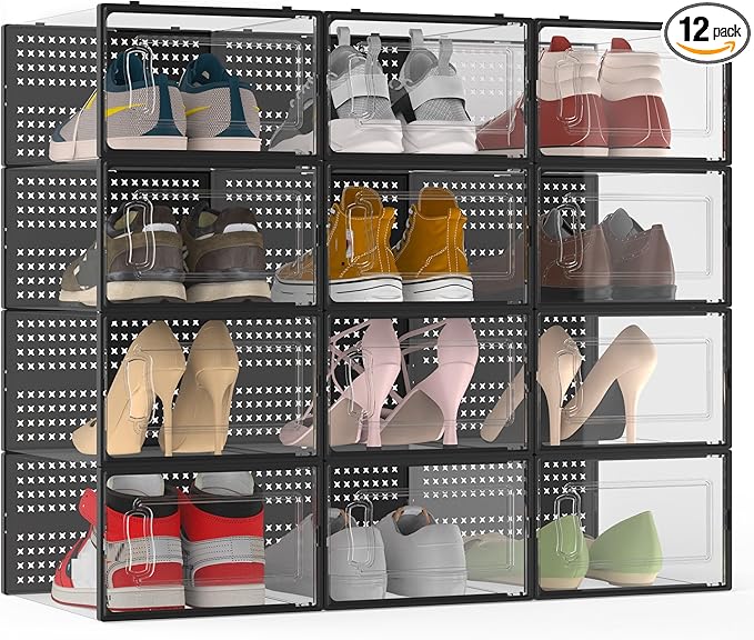 12 Pack XXX-Large Modular Clear Plastic Stackable Shoe Storage Organizer for Closet, Space Saving Versatile Sneaker Shoe Rack Containers Bins Holders, Portable Closet Organizers and Storage, Black-NeatNest