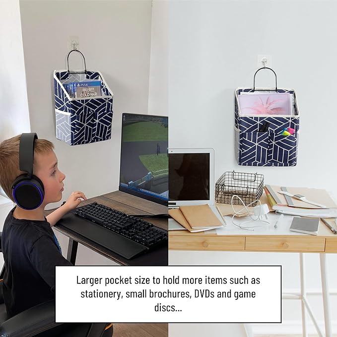 2pcs Wall Hanging Storage Bag, Small Door Closet Linen Fabric Pockets Organizer, Waterproof Multi Functional for Living Room Bedroom Bathroom Kitchen RV Camper with Hooks Pattern Navy-NeatNest