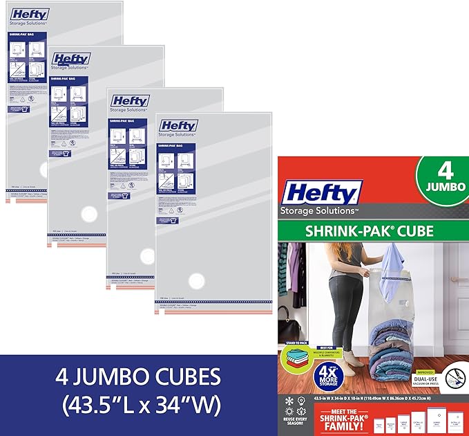 Hefty Shrink-Pak Vacuum Storage Bags – For Clothes, Pillows, Towels, Blankets & More – Space Saver Vacuum Suction Sealer Bags for Home or Travel – 4 Jumbo Cubes, 43.5 x 34 x 18 Inches-NeatNest