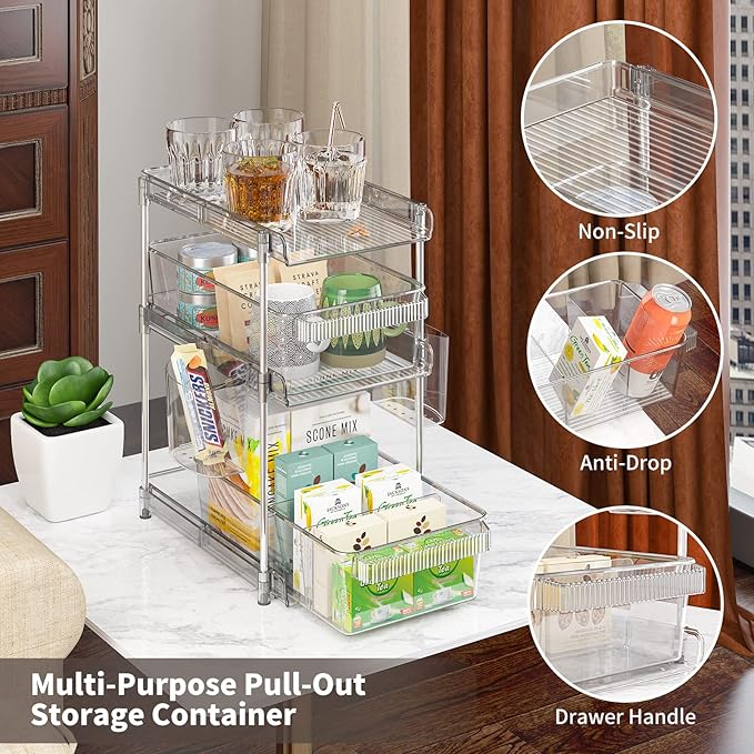 Clear Bathroom Organizers 2 Sets 3 Tier, Pull Out Organizer and Storage with 2 Cups, Slide Out Drawer Storage Container with 6 Dividers, Multi-Purpose Bathroom Organizer, Kitchen Under Sink Organizer-NeatNest