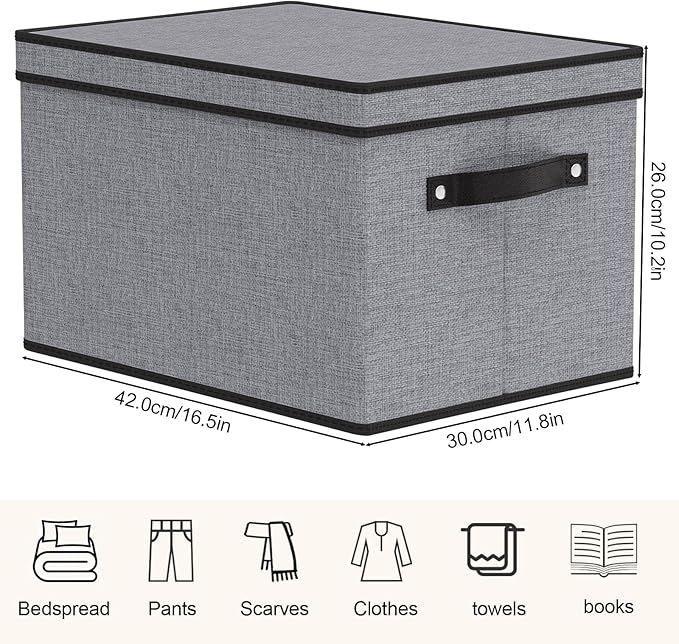 Clothing Storage Bins, Blanket Baskets for Shelves, Fabric Cubes with Handles and Lids, Decorative Linen Closet Organizers Boxes, Gray, 3 Pack, 16.5 x 11.8 x 10.2 Inch-NeatNest