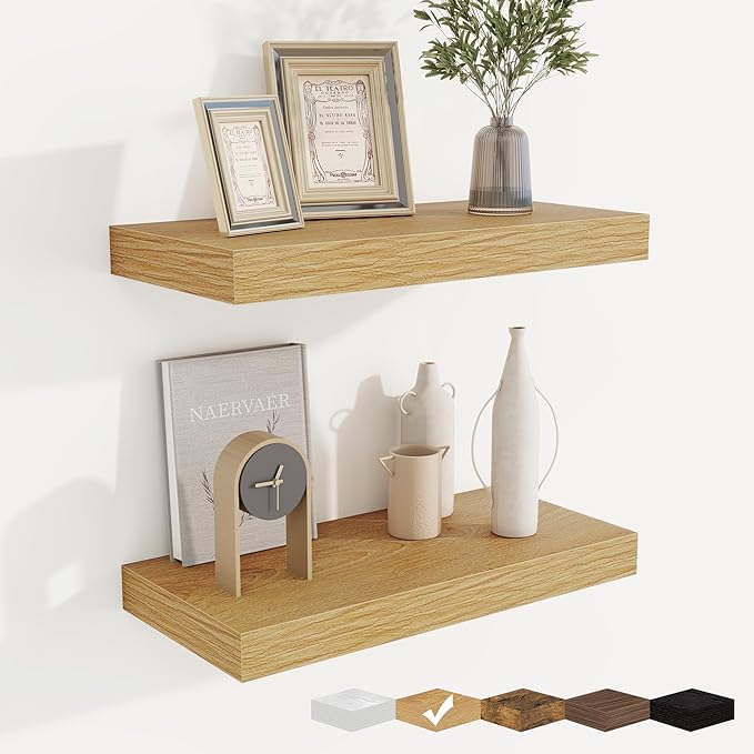 fuqing Floating Shelves for Wall, Bathroom Shelf Wall Mounted for Storage, Shelves with Invisible Bracket for Bedroom, Kitchen, Living Room, Farmhouse Small Book Shelf, 16 Inch Set of 2, Oak-NeatNest