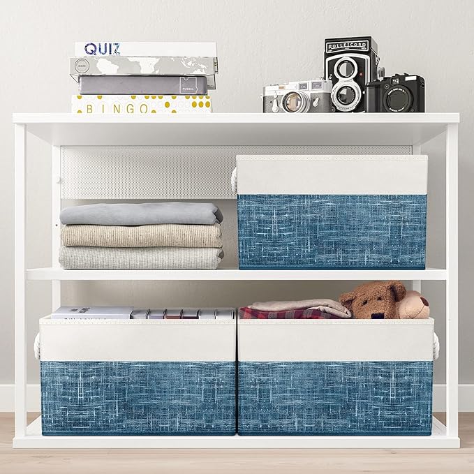 Fab totes Storage Bins [6-Pack], Foldable Storage Baskets for Organizing Toys, Books, Shelves, Closet, Large Storage Box with Rope Handles, Sturdy Organizer Bins, White & Blue-NeatNest