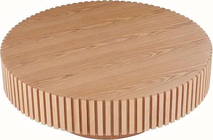 kevinplus 39.37'' Oak Round Coffee Table for Living Room, Modern Wood Contemporary Circle Fluted Drum Style, Easy Assembly, Oak(ø39.37'' x 13.42'')