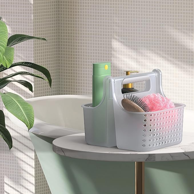 Brookstone, Portable Shower Caddy, Bathroom Organizer Basket, Perfect Size for Dorm/College, Plastic Bath Tote, Dries Quickly with Drainage Holes, Soft Grip Carrying Handle, Frosted Clear
