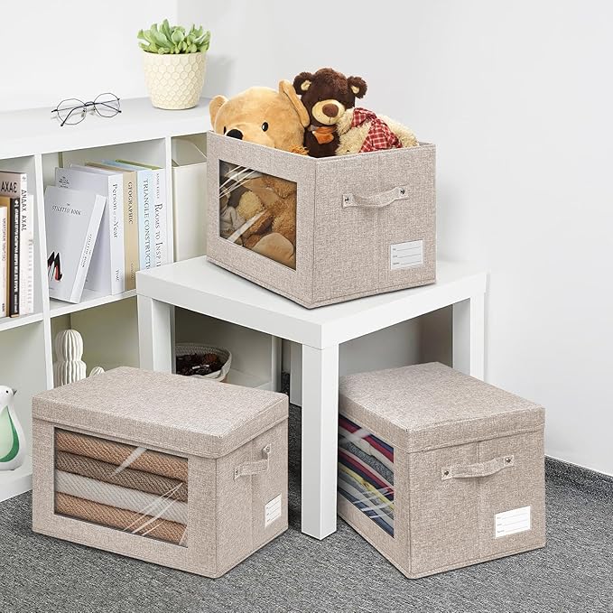 4-Pack Fabric Storage Bins with Lids, Foldable Storage Boxes with Handles & Clear Window, Closet Organizers for Clothes, Books (Oatmeal, 4PCS/17.3 x 11.8 x 11.8 in)-NeatNest