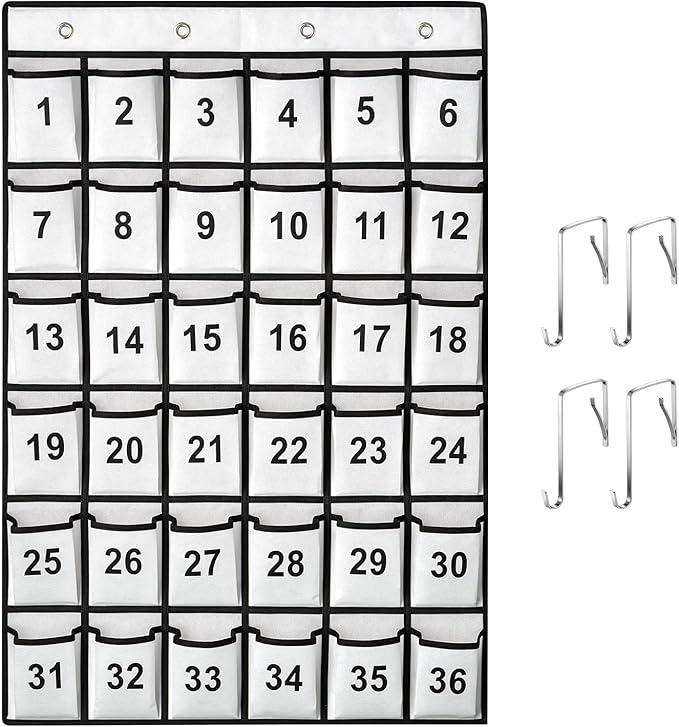36 Pockets Numbered Classroom Pocket Chart for Cell Phones, Hanging Pocket Chart Storage for Classroom Phone Calculator Holder with 4 Stainless Steel Hooks (White-36pockets)-NeatNest