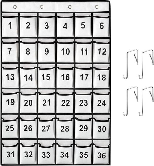 36 Pockets Numbered Classroom Pocket Chart for Cell Phones, Hanging Pocket Chart Storage for Classroom Phone Calculator Holder with 4 Stainless Steel Hooks (White-36pockets)-NeatNest