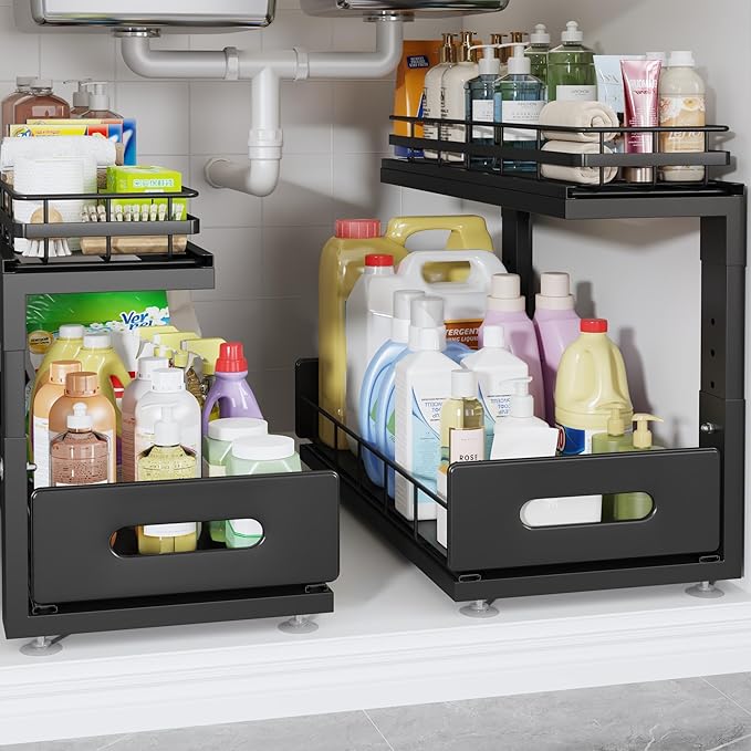 2 Pack 18 IN Depth Under Sink Organizer with Smooth Ball Bearing Slides,2-Tier Pull Out Cabinet Storage,Slide Out Drawers for Bathroom&Kitchen,Rust-resistant Coating,Height Adjustable-Black-NeatNest