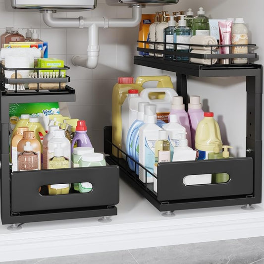 2 Pack 18 IN Depth Under Sink Organizer with Smooth Ball Bearing Slides,2-Tier Pull Out Cabinet Storage,Slide Out Drawers for Bathroom&Kitchen,Rust-resistant Coating,Height Adjustable-Black-NeatNest