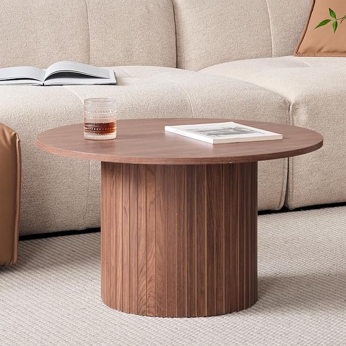 Round Nesting Coffee Tables Set of 2 -φ27.6 Large Short + φ15.8 Small Tall Boho Circle Side Tables with Fluted Drum Design