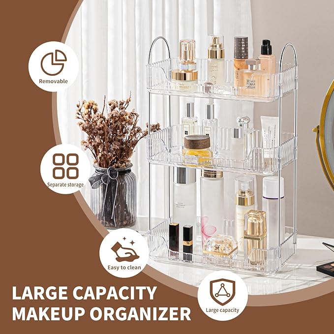 Bathroom Organizer Countertop, Vanity Trays, Skincare Makeup Organizer Shelf, Counter Shelf for Cosmetics, Toiletries, Lotions, Perfumes (3 Tiers, Clear)-NeatNest