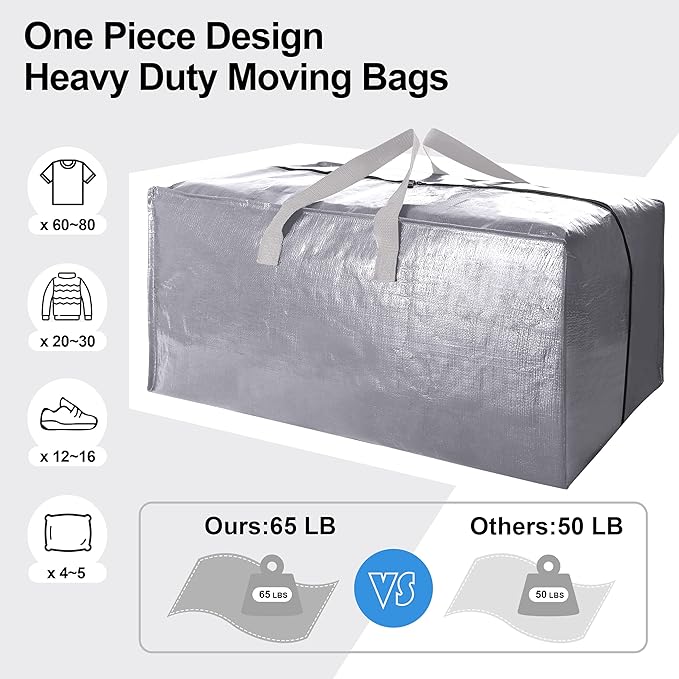 12 Pack Heavy Duty Extra Large Moving Bags W/Backpack Straps - Strong Handles & Zippers, Storage Totes For Space Saving, Fold Flat, Alternative to Moving Box and Storage Bin, Silver
