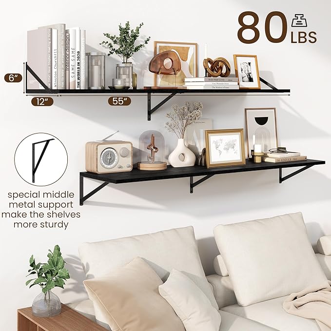 Fun Memories Floating Shelves for Wall, 12 Inch Deep Floating Shelves Set of 2, 55W x 12D Large Wall Shelf with Sturdy Metal Brackets for Living Room, Bathroom, Bedroom and Kitchen, Black-NeatNest
