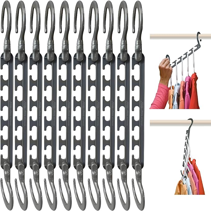 Wonder Hanger Max 10-Pack Space Saving Hangers, Reinforced Hooks Swivels 360°, Cascading Hanger, College Dorms & Storage Closet Organizer, Fully Assembled – Grey-NeatNest