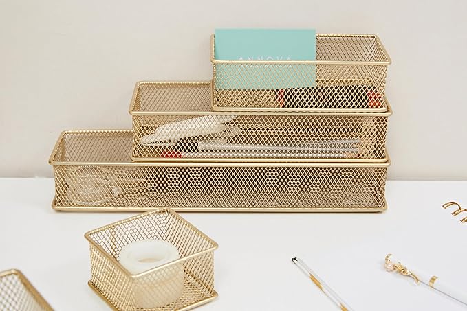 Annova Mesh Stackable Drawer Cabinet and Shelf Organizer Bins Storage Basket School Office Supply Holder Tray- Set of 2 (Gold, 3x12x2 Inch)-NeatNest