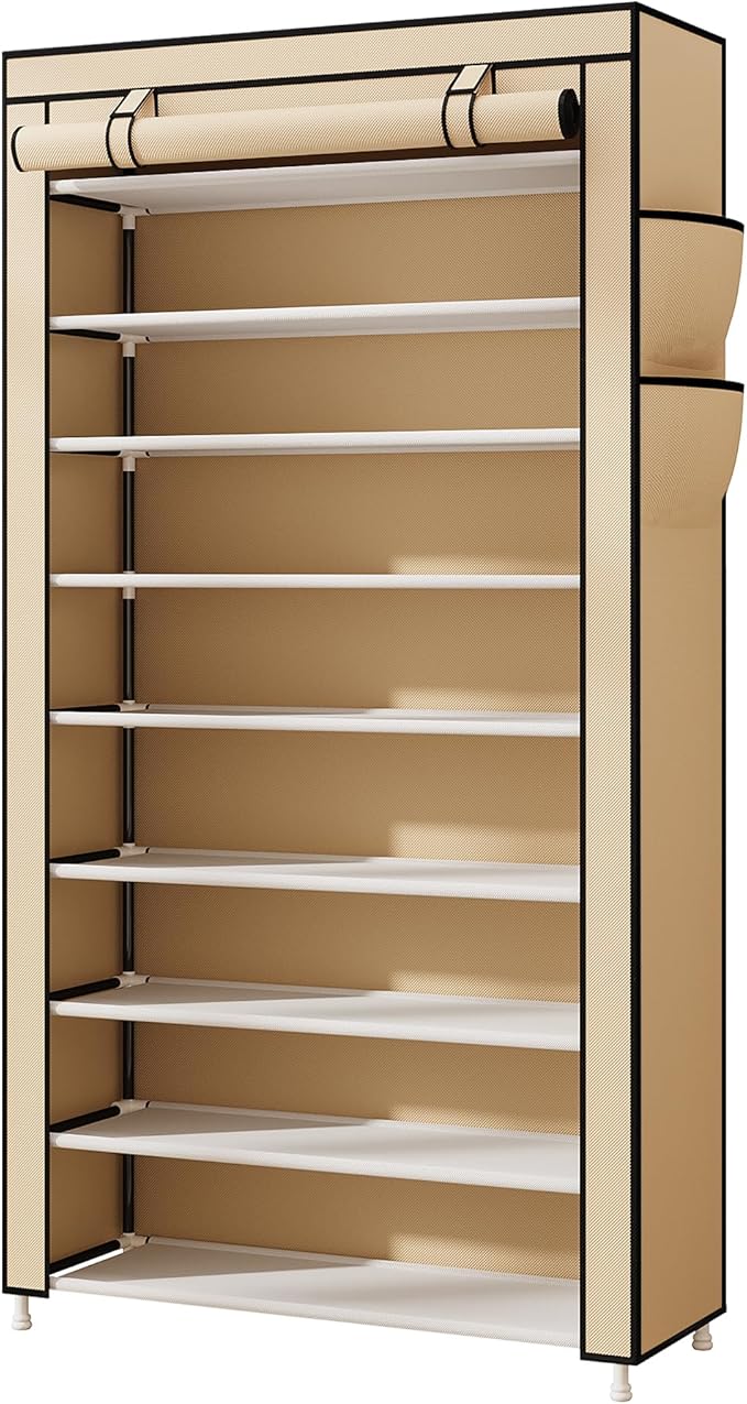 Laiensia 9-Tier Shoe Rack ，Space Saving Shoe Storage Organizer Non-Woven Cover Shoe Shelf Holds 36-45 Pairs for Bedroom, Hallway, Entryway, Beige-NeatNest