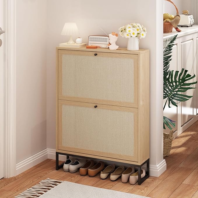 AVZEAR Shoe Cabinet with 2 Flip Drawer Door, Freestanding Shoe Organizer, Shoe Cabinet Storage for Entryway, Shoe Storage Shoe Rack for Closet with Linen Doors Drawer in Hallway, Living Room (Natural)-NeatNest