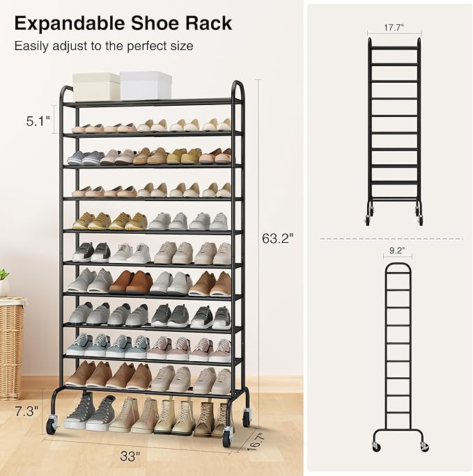 STO STO Expandable Shoe Rack, 10-Tier Metal Tall Shoe Rack for Garage, Up to 44 Pairs Adjustable Shoe Rack Storage for Front Door Entrance, Free Standing Shoe Rack Organizer for Entryway, Black-NeatNest