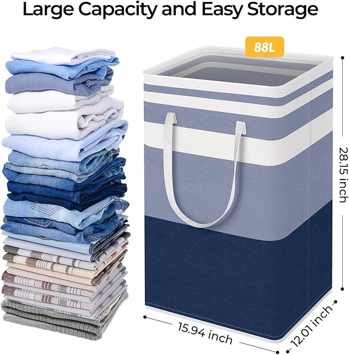 HomeHacks 2-Pack Large Laundry Basket, Waterproof, Freestanding Laundry Hamper, Collapsible Tall Clothes Hamper with Extended Handles for Clothes Toys in the Dorm and Family (Blue, 88L)-NeatNest