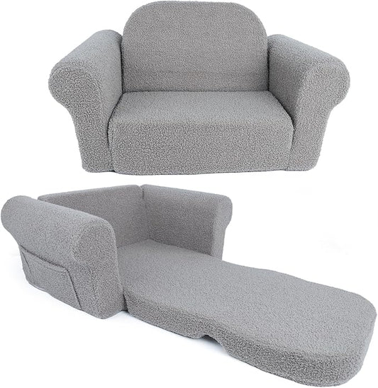 Chairs for Toddler, 2-in-1 Toddler Soft Teddy Couch Fold Out, Convertible Chair to Lounger for Girls and Boys|Safety Certified | Gift for Children (Sky Gray)-NeatNest
