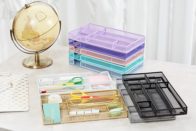 Annova Desk Drawer Organizer Tray for Office Organization - Metal Mesh - Storage Tray with Dividers for Pens, Desktop Accessories, Bathroom, Kitchen, Makeup and Office Supplies (Small, Gold)-NeatNest