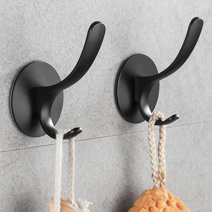 GERUIKE Adhesive Towel Hooks 2 Pack,Matte Black 304 Stainless Steel Hand Towel Hooks for Bathroom Kitchen Wall Mounted Adhesive Coat Robe Clothes Door Hook